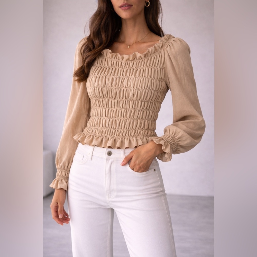 H&M Beige Smocked Blouse – Long Sleeve Ruffle Trim Top Women Medium